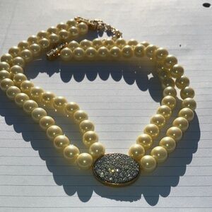 Avon Double-Strand Faux Pearl Necklace with Crystal Oval Clasp - Ivory/Gold